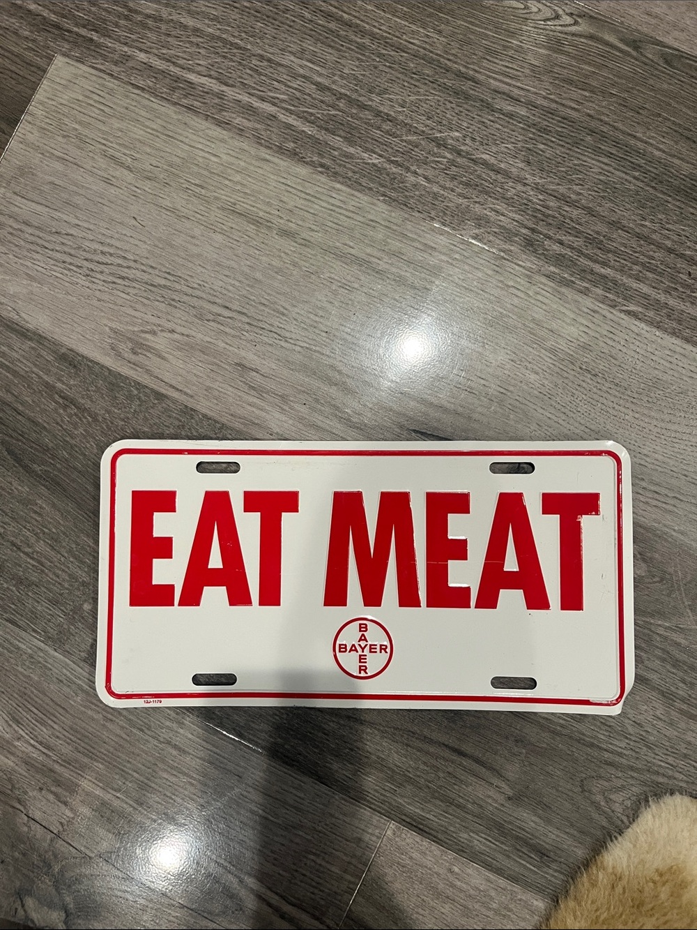'EAT MEAT' Red & White Metal License Plate Sign